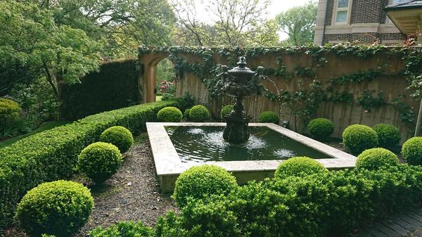 A fountain in a square pond with round topiary