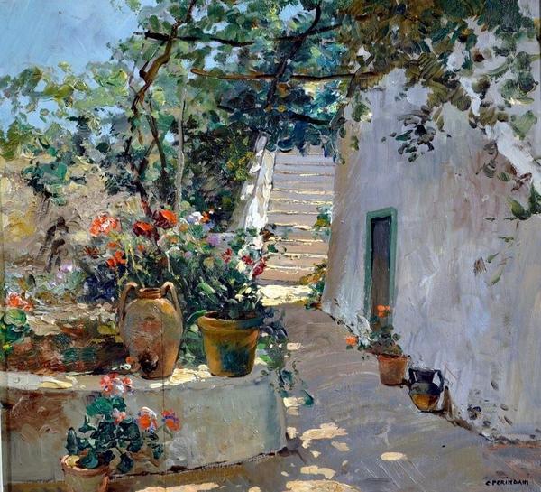 Courtyard with steps and potted geranium by  Carlo Perindani
