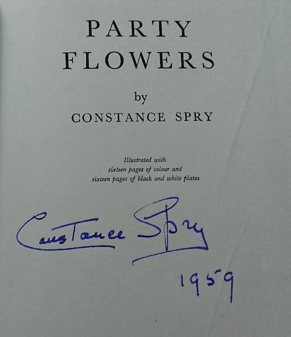 Constance Spry's signature on front leaf of her Party Flowers book.