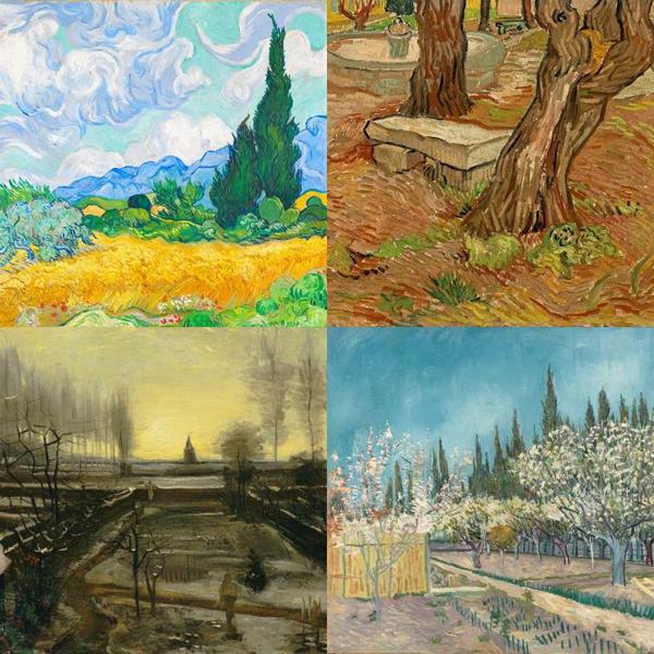 Clockwise from top left, Summer, Autumn, Spring and Winter paintings by Vincent Van Gogh