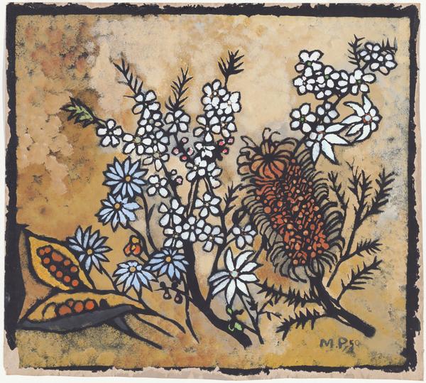 A still life stencil print of Australian wild flowers by Margaret Preston 1950