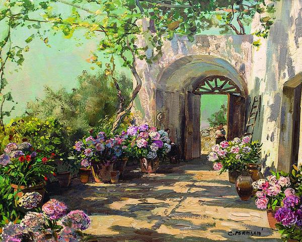Courtyard with hydrangeas painting by Carlo Perindani