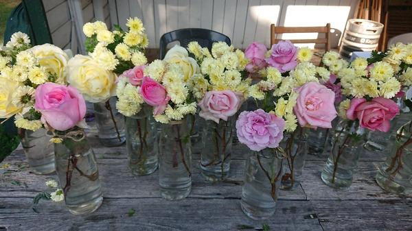 Pale yellow chrysanthemums and pink roses in glass jars