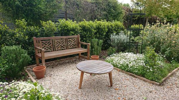 Garden bed with bench and table