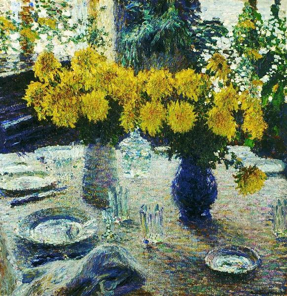 Chrysanthemums in blue vase on a table, Igor Grabar, 1905