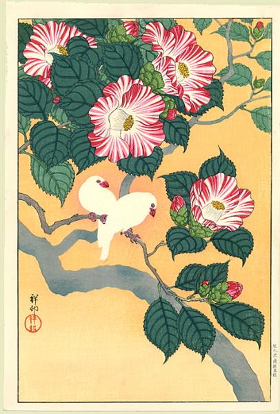 Camellias and rice birds by Ohara Koson