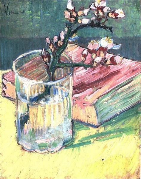 Almond Branch in a Glass With a Book by Vincent van Gogh (1888)