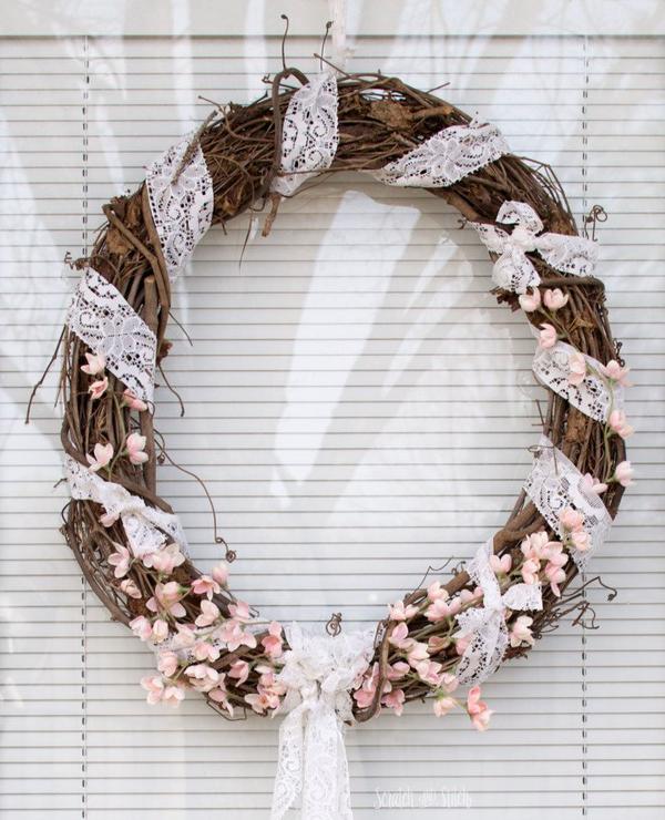 DIY Spring Grapevine Wreath with Lace and Apple Blossoms