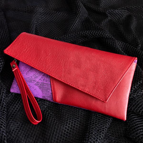Red Leather Upcycled Lapel Clutch Bag