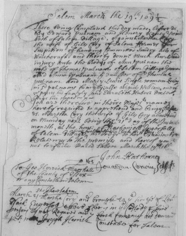 Warrant for Martha Corey's arrest