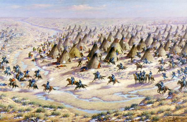 Robert Lindneaux portrays his concept of the Sand Creek Massacre. History Colorado #46619