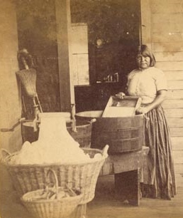 Unidentified Paiute woman doing laundry in the Yosemite Valley. Photo by John P. Soule, 1870. Courtesy the California State Library.