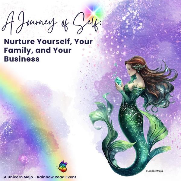 mockup for a journey of self bundle with a mermaid and a rainbow on a sparkly purple background