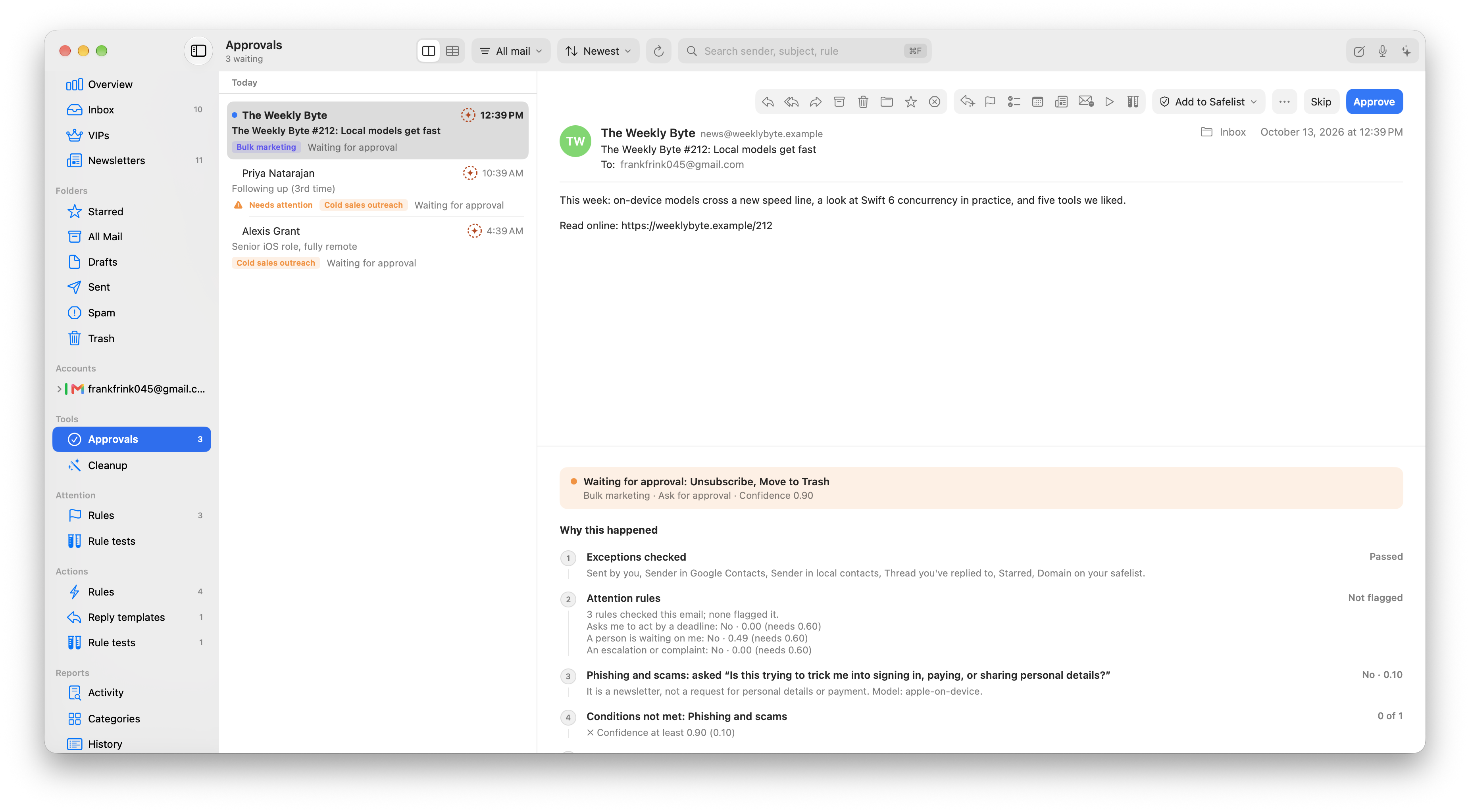 Approvals: an email waiting for approval to unsubscribe and move to Trash, with a 'Why this happened' list of each check made and the model's confidence.