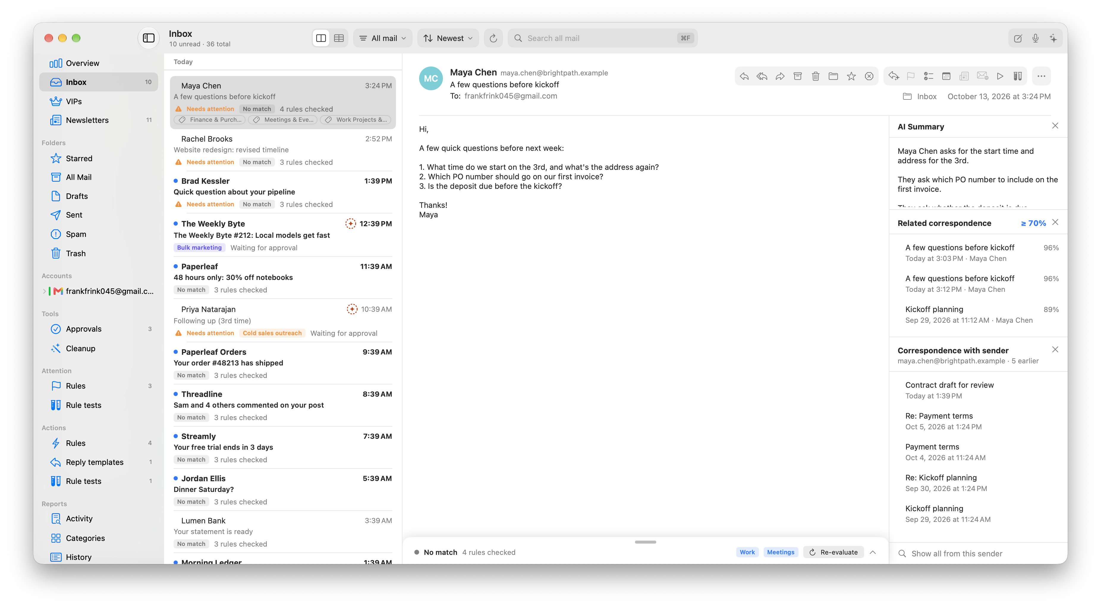 The Inbox: each email lists how many rules checked it; the open email shows an AI Summary, Related correspondence, and past correspondence with the sender.