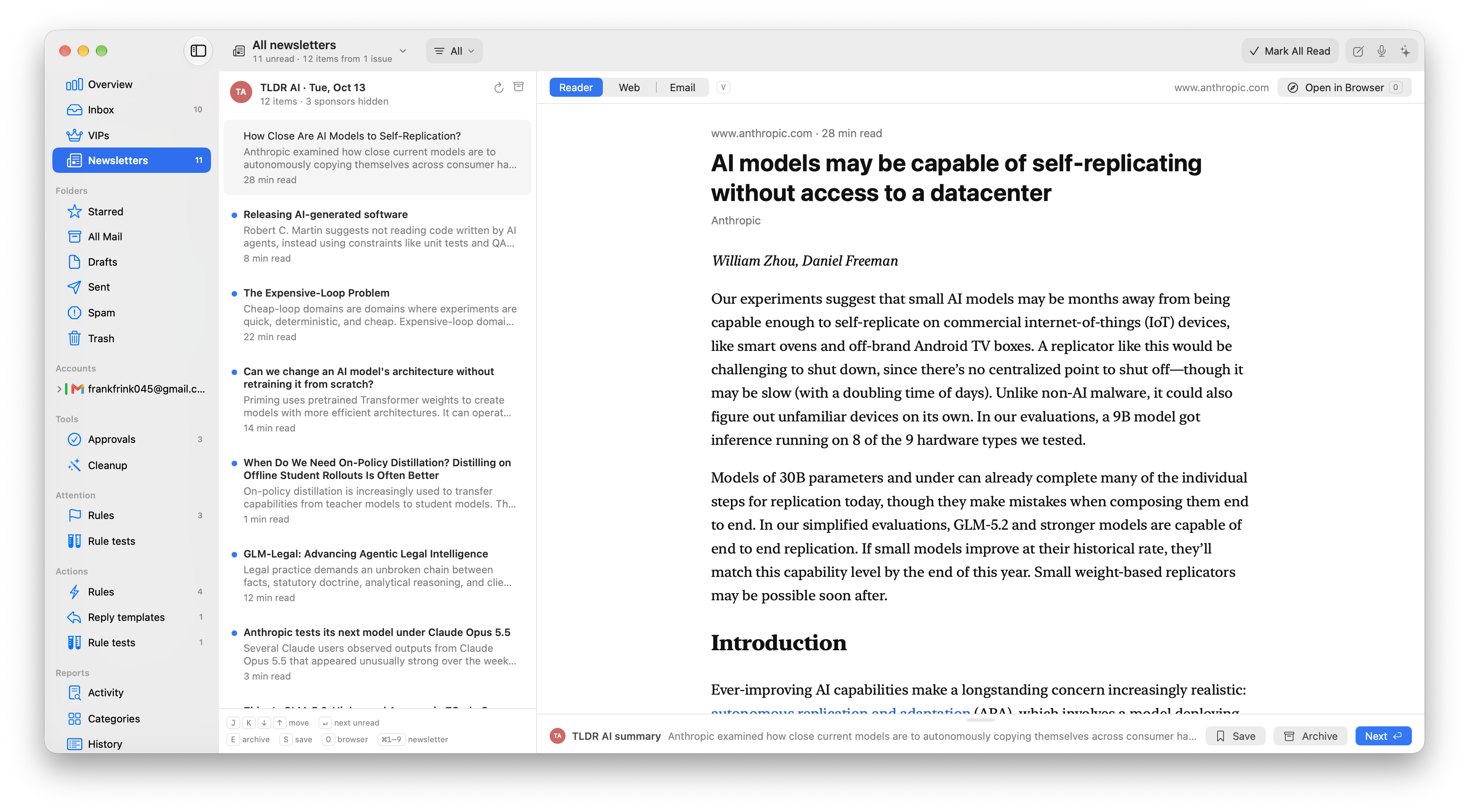 Newsletters: a TLDR AI issue split into a list of articles with three sponsors hidden, and one article open in a clean reader view.