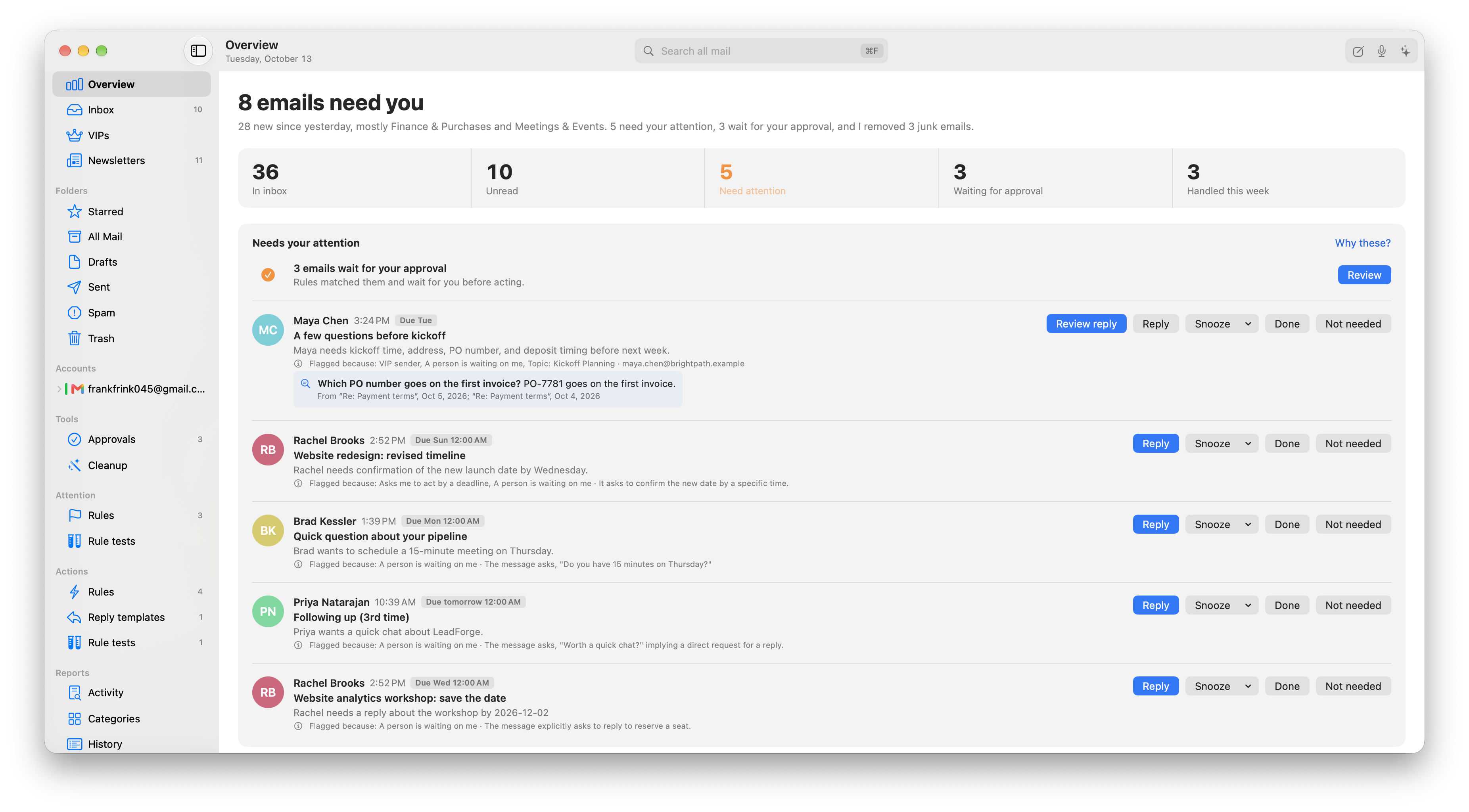 The Overview screen: '8 emails need you', counters for inbox, unread, needs attention, and approvals, and a list of flagged emails, each showing why it was flagged and an answer found in earlier mail.