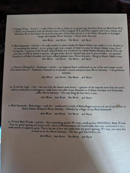 Page 2 of the Mystic Solstice beer list