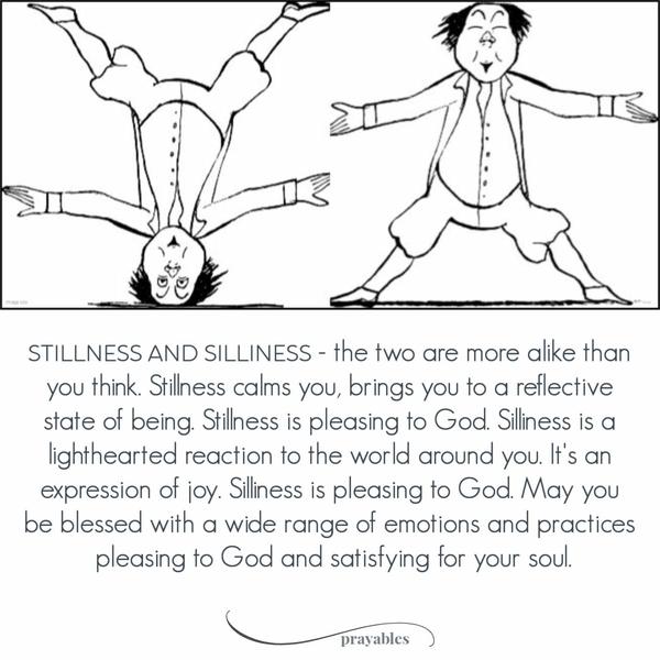 Stillness and silliness – the two are more alike than you think. Stillness calms you, brings you to a reflective state of being. Stillness is pleasing to God. Silliness is a
light-hearted reaction to the world around you. It’s an expression of joy. Silliness is pleasing to God. May you be blessed with a wide range of emotions and practices pleasing to God and satisfying for your soul.