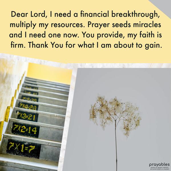 Dear Lord, I need a financial breakthrough, plain and simple. Prayer seeds miracles and I need one now. You provide, my faith is firm. Thank You for what I
am about to receive.