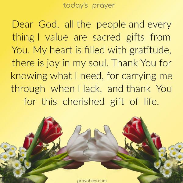 Dear  God,  all the  people and every thing I  value  are  sacred  gifts  from  You. My heart is filled with gratitude, there is joy in my soul. Thank You for  knowing what I need, for carrying me through  when I lack,  and thank  You for  this  cherished  gift  of  life.  