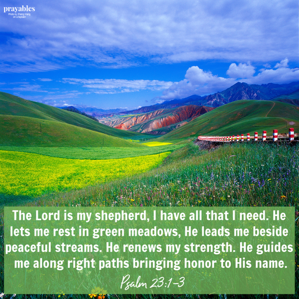 Psalm 23:1-3 The Lord is my shepherd, I have all that I need. He lets me rest in green meadows, He leads me beside peaceful streams. He renews my strength. He guides me along right paths bringing honor to His name.