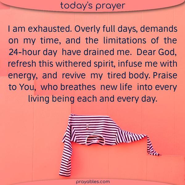 I am exhausted. Overly full days, demands on my time, and the limitations of the 24-hour day have drained me. Dear God, refresh this withered spirit, infuse me with energy,
and revive my tired body. Praise to You, who breathes new life into every living being each and every day.