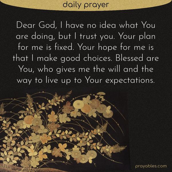 Dear God, I have no idea what You are doing, but I trust you. Your plan for me is fixed. Your hope for me is that I make good choices. Blessed are You, who
gives me the will and the way to live up to Your expectations.   Prayer for My Husband