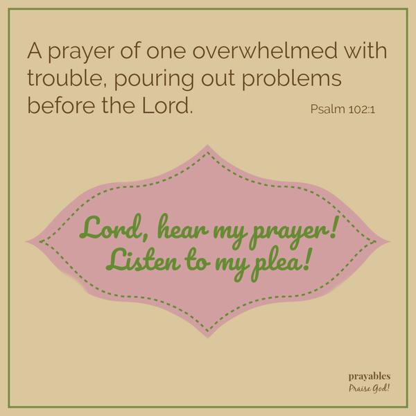 Psalm 102:1 A prayer of one overwhelmed with trouble, pouring out problems before the Lord.  Lord, hear my prayer!  Listen to my plea! 