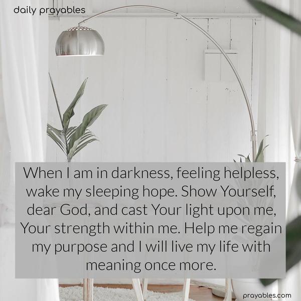 When I am in darkness, feeling helpless, wake my sleeping hope. Show Yourself, dear God, and cast Your light upon me,Your strength within me. Help me regain my purpose and I will live my life with meaning once more.