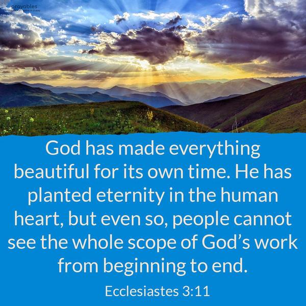 Ecclesiastes 3:11 God has made everything beautiful for its own time. He has planted eternity in the human heart, but even so, people cannot see the whole scope of God’s work from
beginning to end.