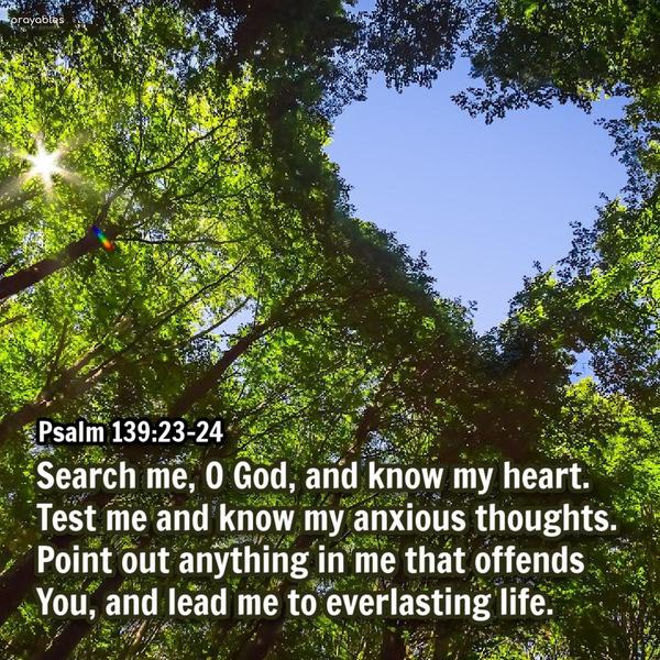 Psalm 139:23-24 Search me, O God, and know my heart. Test me and know my anxious thoughts. Point out anything in me that offends You, and lead me along the path of everlasting life.