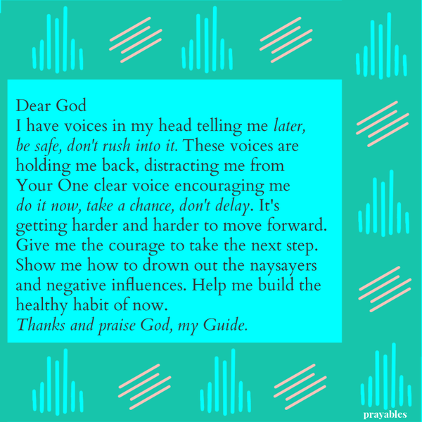 Dear God, I have voices in my head telling me, later, be safe, don’t rush into it. These voices are holding me back, distracting me
from Your One clear voice encouraging me to, do it now, take a chance, don’t delay. It’s getting harder and harder to move forward.Give me the courage to take the next step. Show me how to drown out the naysayers and negative influences. Help me build the healthy habit of now. Thanks and praise God, my Guide.