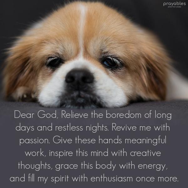 Dear God, Relieve the boredom of long days and restless nights. Revive me with passion. Give these hands meaningful work, inspire this mind with creative thoughts, grace this body with
energy, and fill my spirit with enthusiasm once more.