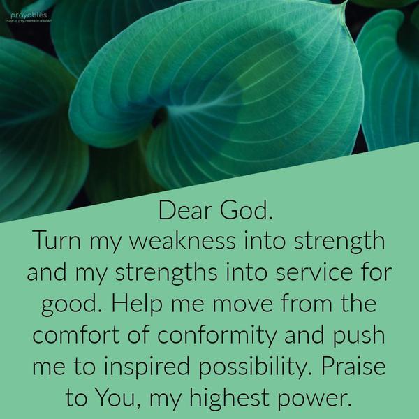 Dear God, Turn my weakness into strength and my strengths into service for good. Help me move from the comfort of conformity and push me to inspired possibility. Praise to You, my highest
power.