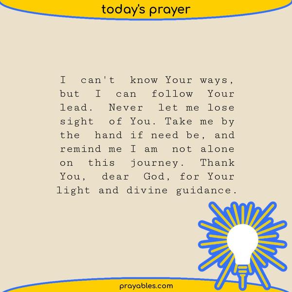 Light and Guidance I can't know Your ways, but I can follow Your lead. Never let me lose sight of You. Take me by the hand if need be, and
remind me I am not alone on this journey. Thank You, dear God, for Your light and divine guidance.