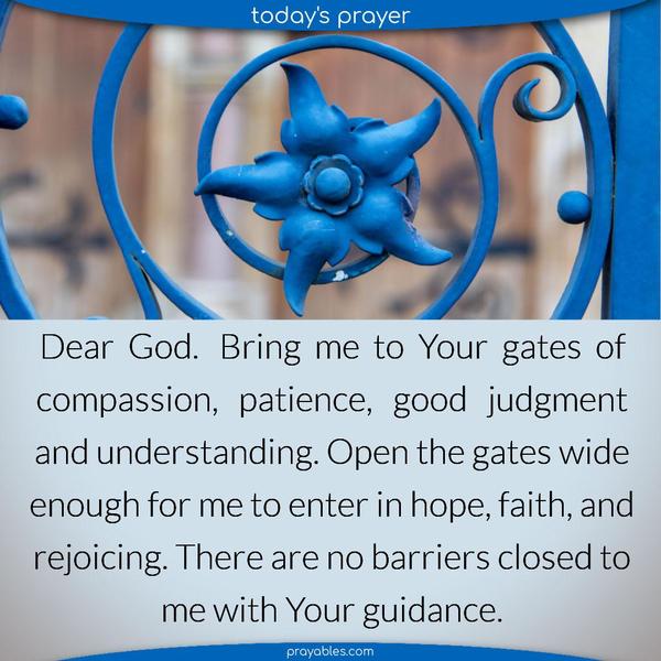 Dear God, bring me to Your gates of compassion, patience, good judgment, and understanding. Open those gates wide enough for me to enter in hope, faith, and rejoicing. There are no barriers closed to me with Your guidance.