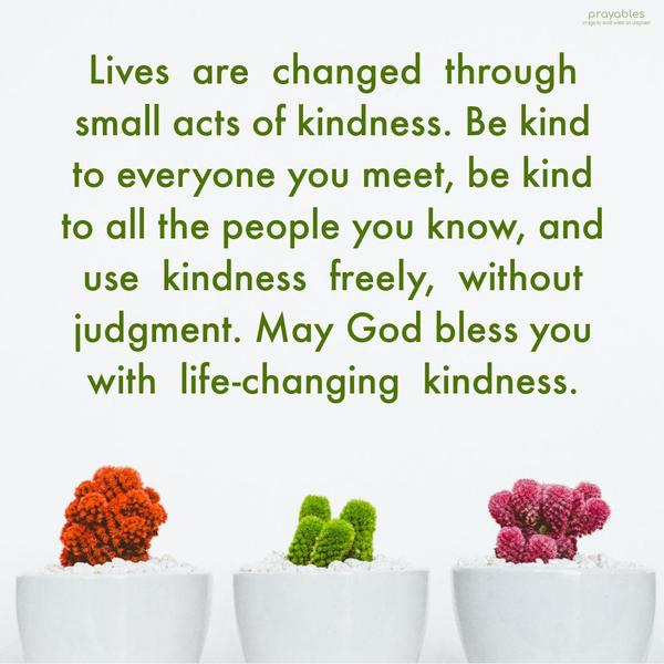 Lives are changed through small acts of kindness. Be kind to everyone you meet, be kind to all the people you know, and use kindness freely, without judgment. May God bless you with
life-changing kindness.