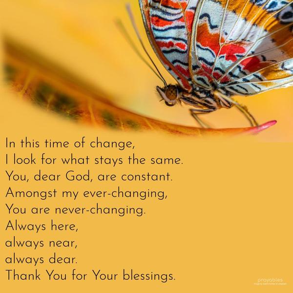 In this time of change, I look for what stays the same. You, dear God, are constant. Amongst my ever-changing, You are never-changing. Always here, always
near, always dear. Thank You for Your blessings.