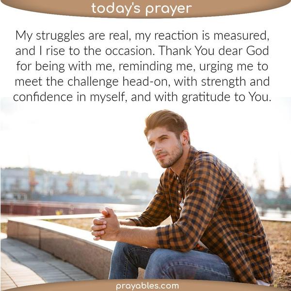 My struggles are real, my reaction is measured, and I rise to the occasion. Thank You dear God for being with me, reminding me, urging me to meet the challenge head-on, with
strength and confidence in myself, and with gratitude to You.