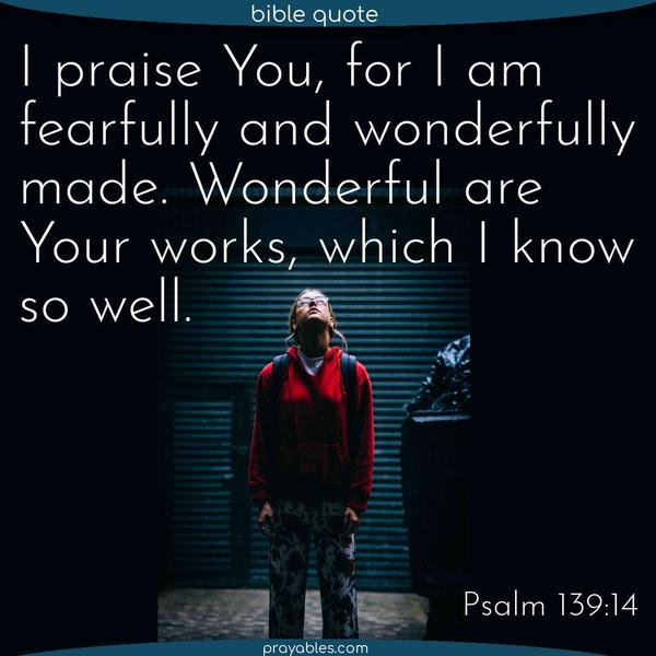 Psalm 139:14 I praise You, for I am fearfully and wonderfully made. Wonderful are Your works, which I know so well.
