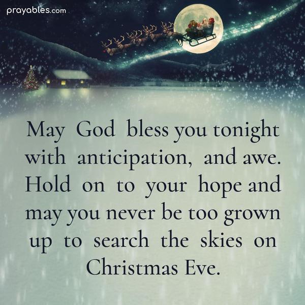May God bless you tonight with anticipation, and awe. Hold on to your hope and may you never be too old to search the skies on Christmas Eve.