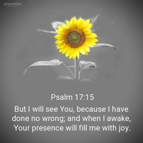 Psalm 17:15 But I will see You because I have done no wrong; and when I awake, Your presence will fill me with joy.