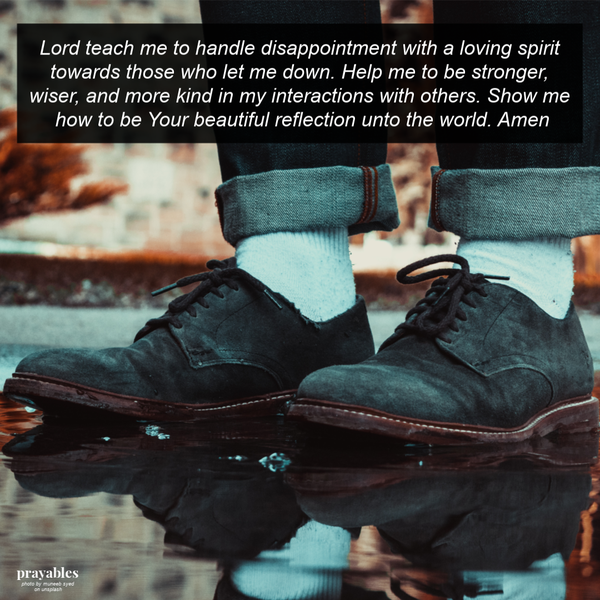 Lord teach me to handle disappointment with a loving spirit towards those who let me down. Help me to be stronger, wiser, and more kind in my interactions with others. Show me how to be Your beautiful reflection unto the world. Amen