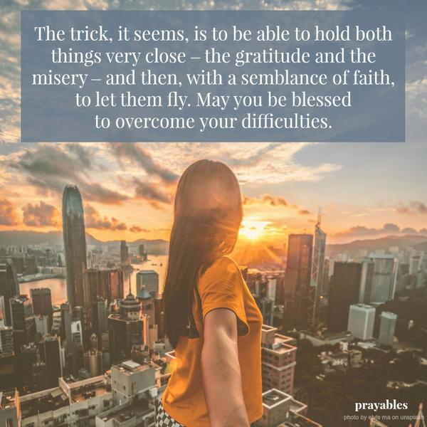 The trick, it seems, is to be able to hold both things very close – the gratitude and the misery – and then, with a semblance of faith, to let them fly. May you be blessed to overcome your difficulties.