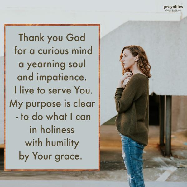 Thank you God for a curious mind, a yearning soul and impatience. I live to serve You. My purpose is clear – to do what I can, in holiness, with humility, by Your grace.