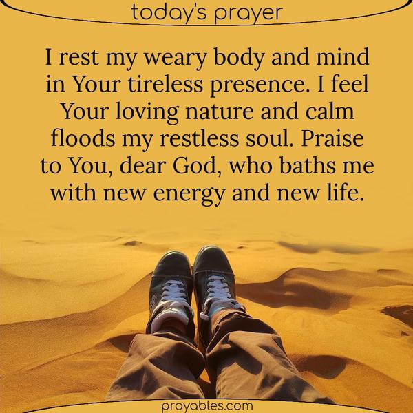 I rest my weary body and mind in Your tireless presence. I feel Your loving nature and calm floods my restless soul. Praise to You, dear God, who baths me with new energy and
new life.