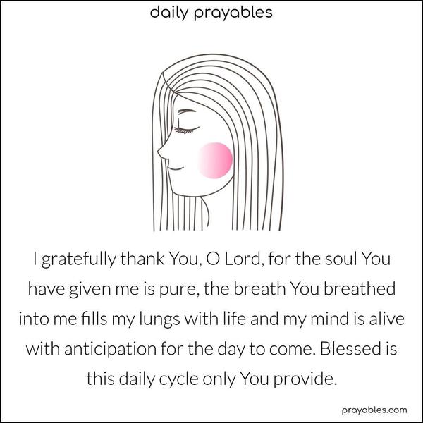 I gratefully thank You, O Lord, for the soul You have given me is pure, the breath You breathed into me fills my lungs with life, and my mind is alive with anticipation for the day to come. Blessed is this daily cycle only You provide.