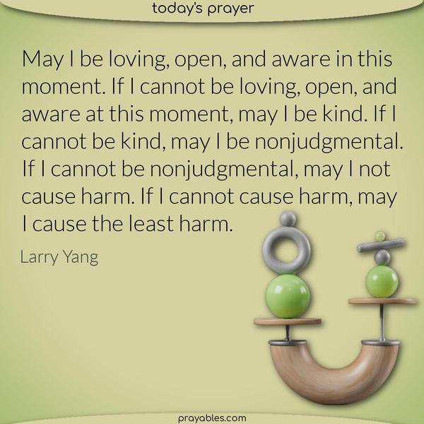 May I be loving, open, and aware in this moment. If I cannot be loving, open, and aware at this moment, may I be kind. If I cannot be kind, may I be nonjudgmental. If I cannot be nonjudgmental, may I not cause harm. If I cannot cause harm, may I cause the least harm. Larry Yang