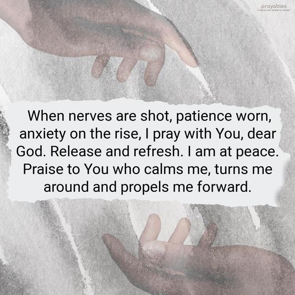 Dear God, when nerves are shot, patience worn, anxiety on the rise, I pray with You. Release and refresh. I am at peace. Praise to You who calms me, turns me around and propels me
forward.